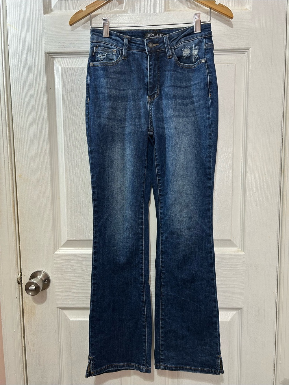 Judy Blue Distressed Flare Jeans Womens 3/26 Dark Wash Slit Hem Stretch Denim